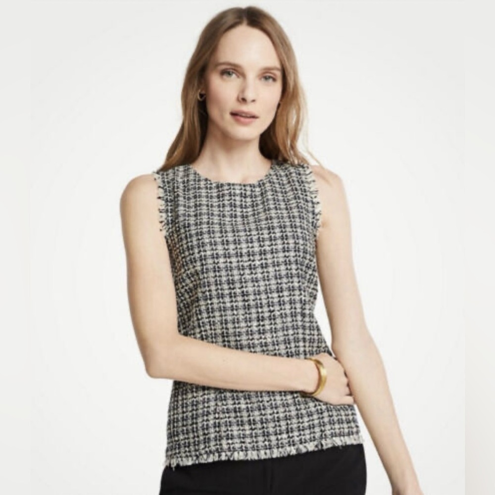 ANN TAYLOR Black, White & Silver Tweed Fringe Sleeveless Shell Top | Size 10